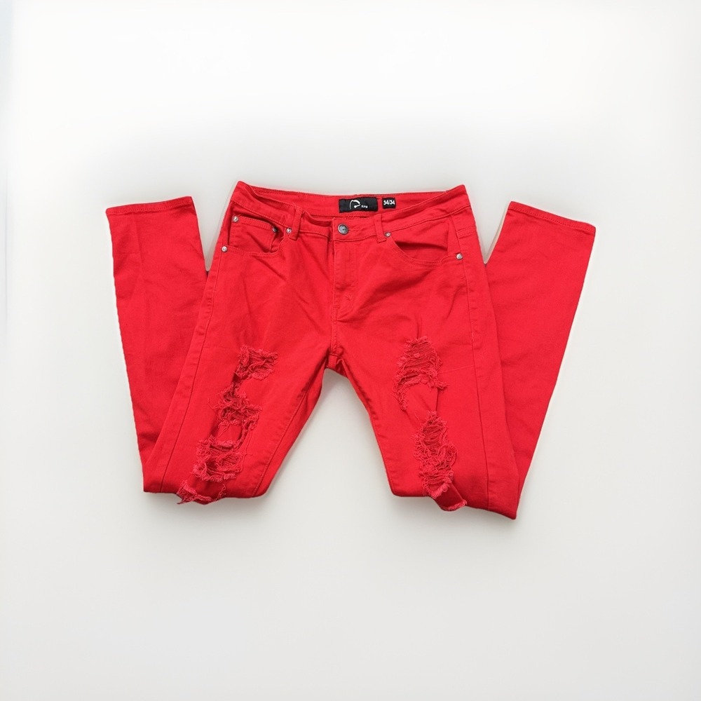 RPM Mens Red Distressed Denim Jeans 34x34 Slim Stretch Streetwear